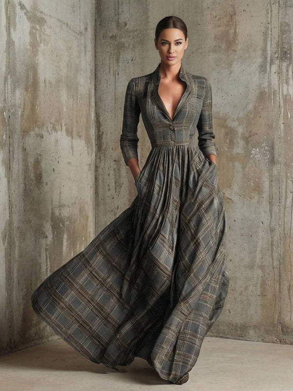 Cocolii robe longue en carreaux fluide boutonnage v-cou manches longues femme élégant décontracté vintage bal de promo