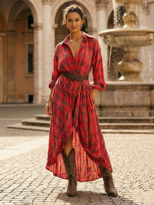 Cocolii longue robe en carreaux ceinture robe chemise manches longues ample décontracté vintage bohème pour automne