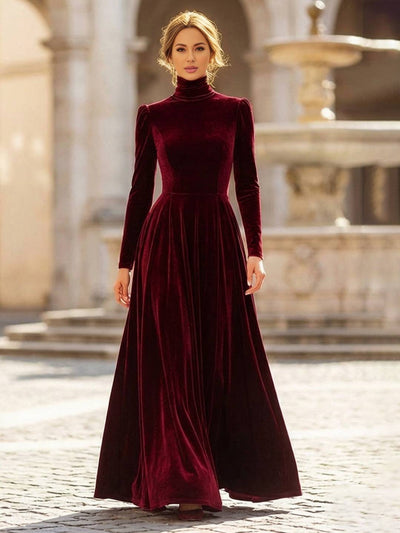 Cocolii longue robe de soirée en velours col roulé manches bouffantes manches longues femme élégant décontracté bal de promo hiver