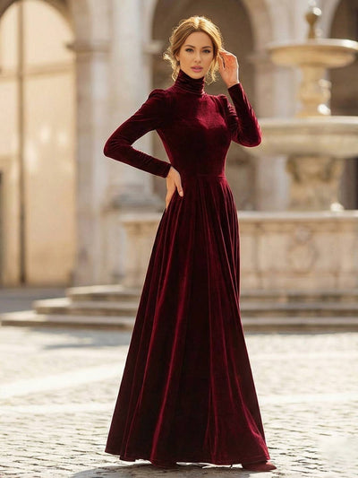 Cocolii longue robe de soirée en velours col roulé manches bouffantes manches longues femme élégant décontracté bal de promo hiver