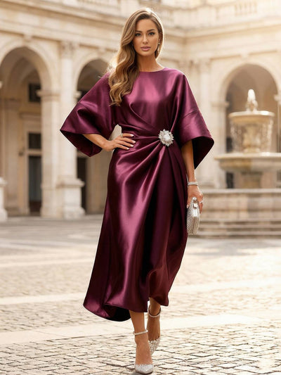 Cocolii robe cocktail grande taille femme en satin col rond manches longues élégant pour mariage tenue de soirée bal de promo