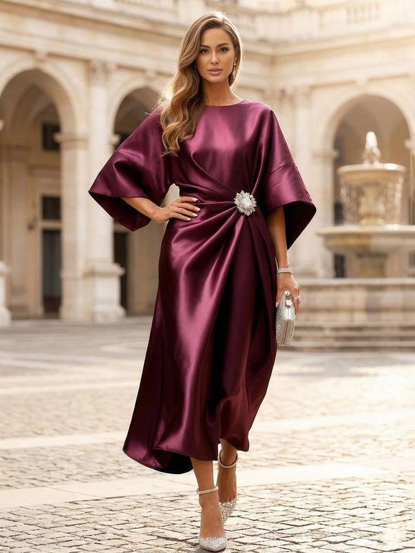 Cocolii robe cocktail grande taille femme en satin col rond manches longues élégant pour mariage tenue de soirée bal de promo