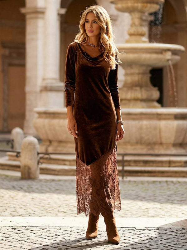 Cocolii robe longue dentelle velours v-cou col bénitier manches longues femme bohème décontracté vintage pour cocktail