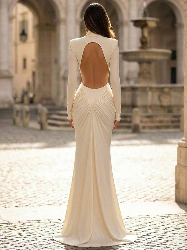 Cocolii robe de soirée longue col roulé dos nu manches longues femme élégant vintage bal de promo pour mariage cocktail