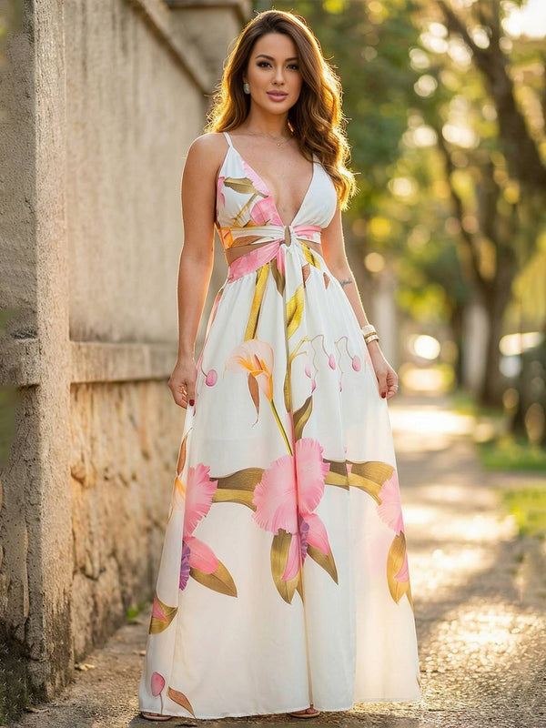 Cocolii robe longue femme été bohème à fleurie licou v-cou taille découpée fendu décontracté Idéal pour plage soirée vacances