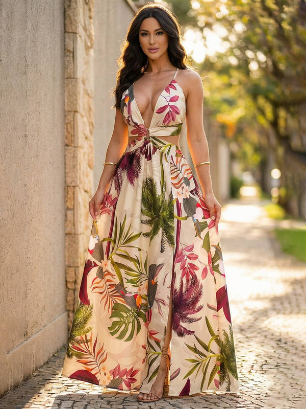 Cocolii robe longue femme été bohème à fleurie licou v-cou taille découpée fendu décontracté Idéal pour plage soirée vacances