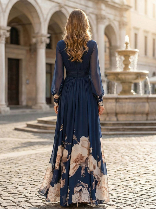 Cocolii robe longue imprimé à fleurie mousseline tulle fluide v-cou manches longues élégant bohème pour mariage soirée