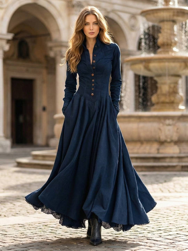 Cocolii robe longue femme en suédine bleu marine coupe boutonnée élégante ourlet dentelle style bohème vintage décontracté