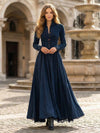 Cocolii robe longue femme en suédine bleu marine coupe boutonnée élégante ourlet dentelle style bohème vintage décontracté