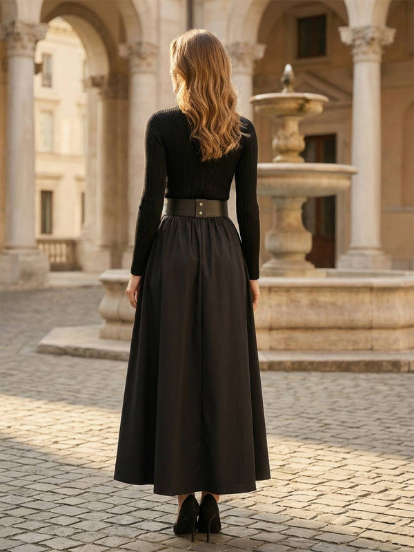 Cocolii robe maxi longue trapèze en maille côtelée demi-zip col montant et ceinture intégrée élégant audrey hepburn promo