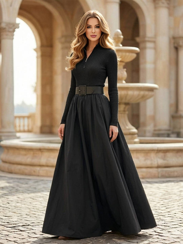 Cocolii robe maxi longue trapèze en maille côtelée demi-zip col montant et ceinture intégrée élégant audrey hepburn promo