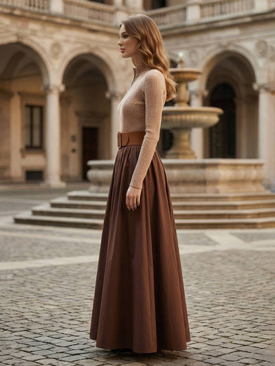 Cocolii robe maxi longue trapèze en maille côtelée demi-zip col montant et ceinture intégrée élégant audrey hepburn promo