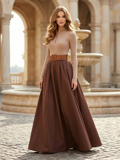 Cocolii robe maxi longue trapèze en maille côtelée demi-zip col montant et ceinture intégrée élégant audrey hepburn promo