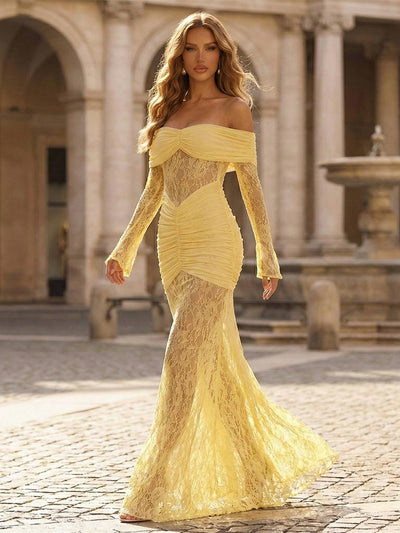 Cocolii robe longue sirène moulante en dentelle à épaules dénudées manches longues femme élégant de soirée pour mariage