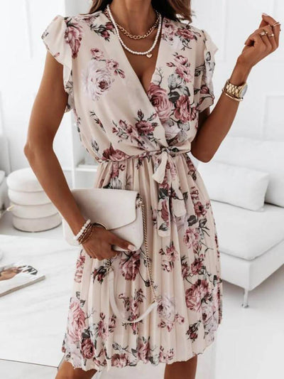 Cocolii mi-longue robe v-cou fleurie plissé ceinture manches courtes femme bohème invité mariage de plage
