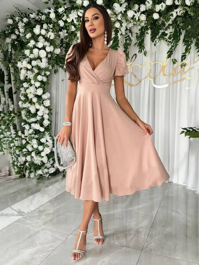 Cocolii robe demoiselle d'honneur v-cou fluide manches bouffantes manches courtes femme élégant doux invité mariage