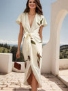 Cocolii mi-longue robe imprimé à fleurie ceinture v-cou manches courtes élégant décontracté mode de cocktail