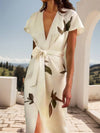 Cocolii mi-longue robe imprimé à fleurie ceinture v-cou manches courtes élégant décontracté mode de cocktail