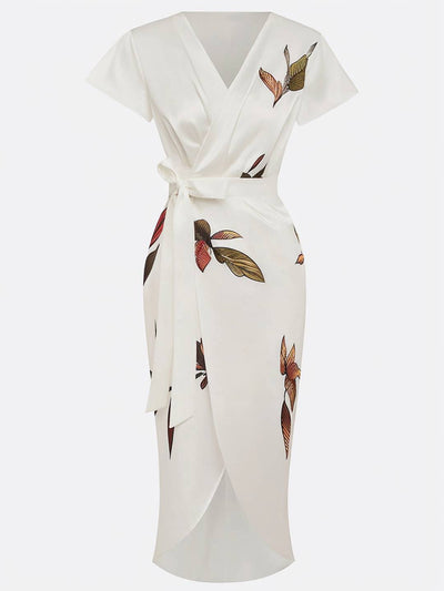 Cocolii mi-longue robe imprimé à fleurie ceinture v-cou manches courtes élégant décontracté mode de cocktail