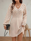 Cocolii mi-longue pull robe femme en trapèze v-cou manches longues doux élégant décontracté vintage crochet maille robe