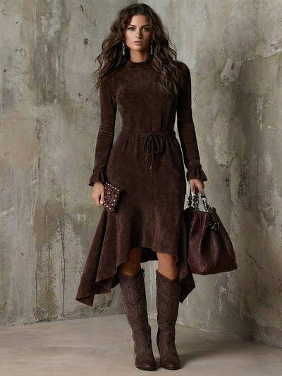 Cocolii mi-longue robe suédine femme marron col montant manches longues avec taille à cordon et manches à volants élégant