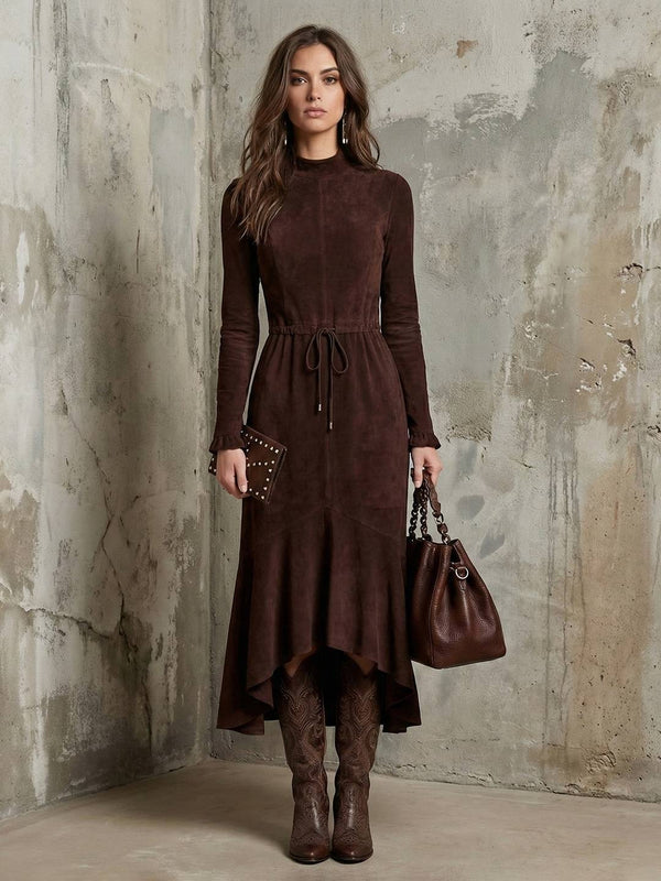 Cocolii mi-longue robe suédine femme marron col montant manches longues avec taille à cordon et manches à volants élégant