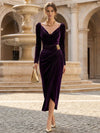 Cocolii mi-longue robe femme en velours v-cou col bénitier fendu manches longues élégant pour fete cocktail soirée hiver