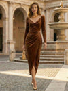 Cocolii mi-longue robe femme en velours v-cou col bénitier fendu manches longues élégant pour fete cocktail soirée hiver