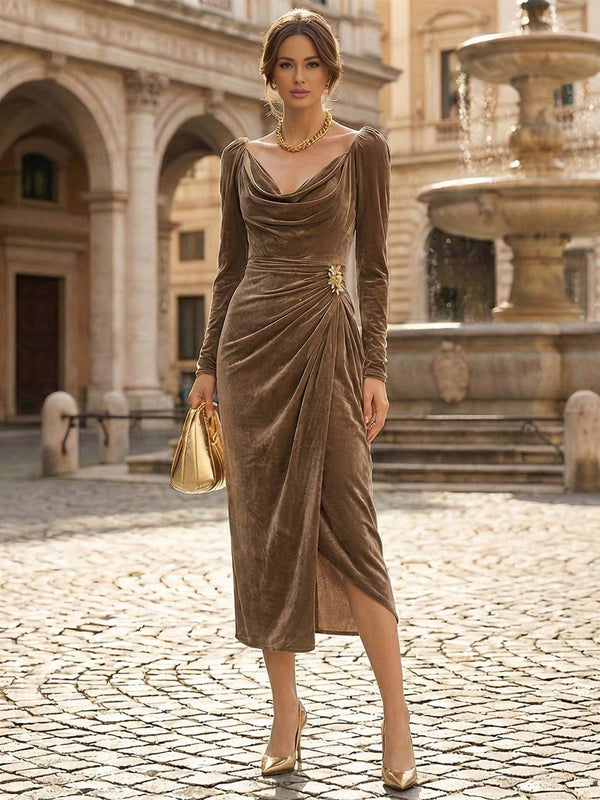 Cocolii mi-longue robe femme en velours v-cou col bénitier fendu manches longues élégant pour fete cocktail soirée hiver