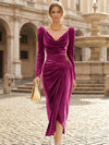 Cocolii mi-longue robe femme en velours v-cou col bénitier fendu manches longues élégant pour fete cocktail soirée hiver