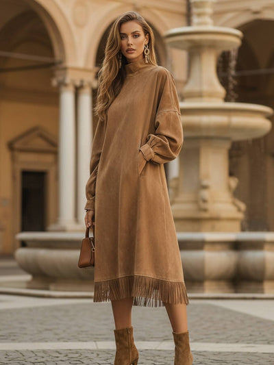 Cocolii mi-longue robe en suédine col roulé manches bouffantes et ourlet à franges style western bohème chic robe en daim