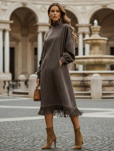Cocolii mi-longue robe en suédine col roulé manches bouffantes et ourlet à franges style western bohème chic robe en daim