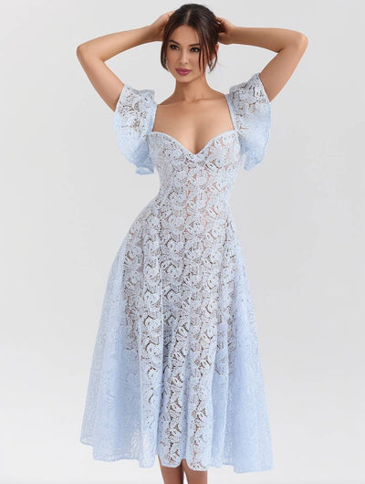 Cocolii mi-longue robe trapèze en dentelle v-cou volants superposés femme élégant champetre de soirée pour mariage