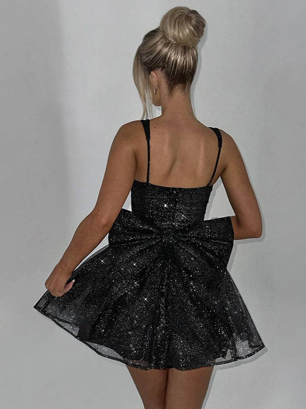 Cocolii robe courte trapèze tulle noeud papillon col carré sans