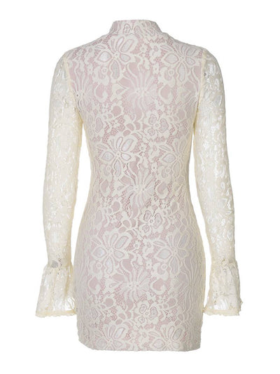 Cocolii robe courte dentelle découpes moulante col mao manches évasées manches longues femme élégant de cocktail