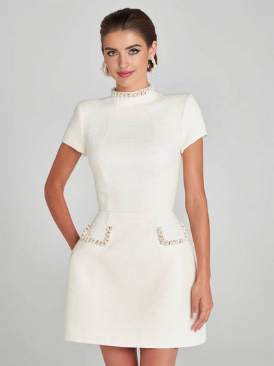 Cocolii robe courte tweed col roulé manches courtes poches femme style tailleur élégant de soirée pour mariage de cocktail