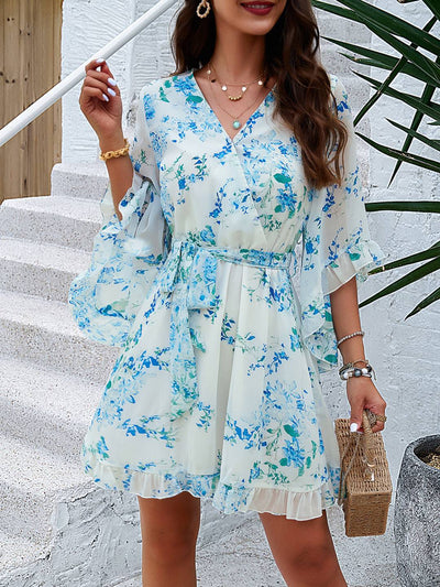 Cocolii robe courte mousseline imprimé à fleurie v-cou ceintur manches courtes femme bohème décontracté de plage