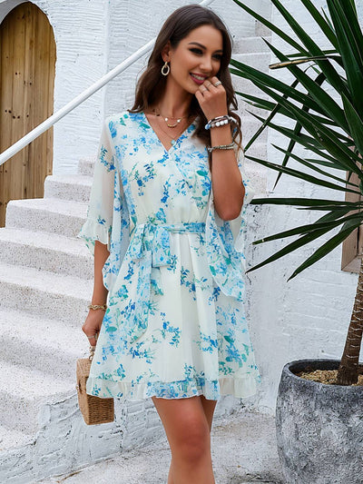 Cocolii robe courte mousseline imprimé à fleurie v-cou ceintur manches courtes femme bohème décontracté de plage
