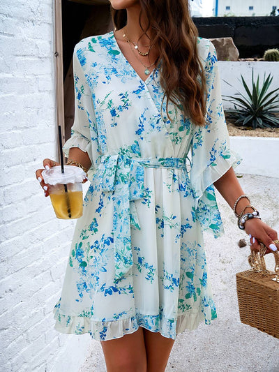 Cocolii robe courte mousseline imprimé à fleurie v-cou ceintur manches courtes femme bohème décontracté de plage
