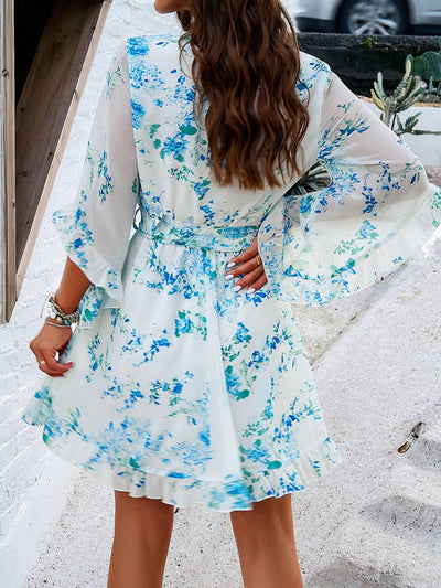 Cocolii robe courte mousseline imprimé à fleurie v-cou ceintur manches courtes femme bohème décontracté de plage