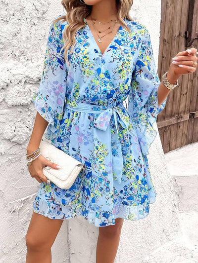 Cocolii robe courte mousseline imprimé à fleurie v-cou ceintur manches courtes femme bohème décontracté de plage