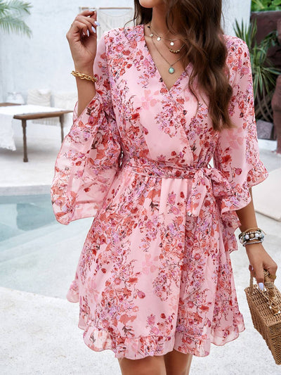 Cocolii robe courte mousseline imprimé à fleurie v-cou ceintur manches courtes femme bohème décontracté de plage