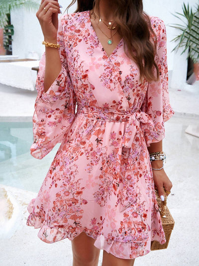Cocolii robe courte mousseline imprimé à fleurie v-cou ceintur manches courtes femme bohème décontracté de plage