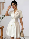 Cocolii robe courte v-cou plissé double boutonnage manches courtes femme élégant casual de cocktail pour le bureau ou une soirée