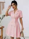 Cocolii robe courte v-cou plissé double boutonnage manches courtes femme élégant casual de cocktail pour le bureau ou une soirée