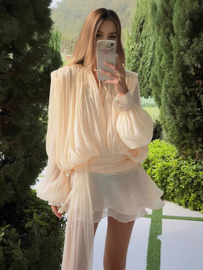Cocolii ensemble robe courte tulle à volantée manches bouffantes manches longues femme élégant décontracté de cocktail