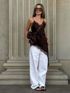 Cocolii robe courte femme en satin et dentelle irrégulière à fines brides v-cou sans manches ourlet asymétrique chic
