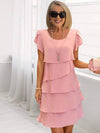 Cocolii robe courte de cocktail femme à volantée superposés manches courtes col rond élégant casual chic