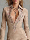 Cocolii robe courte en suedine robe femme moulante brodée fleurs Col V manches longues style bohème chic vintage