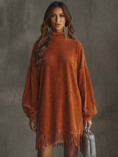 Cocolii robe courte velours côtelé frange col montant manches longues femme élégant ample décontracté de cocktail